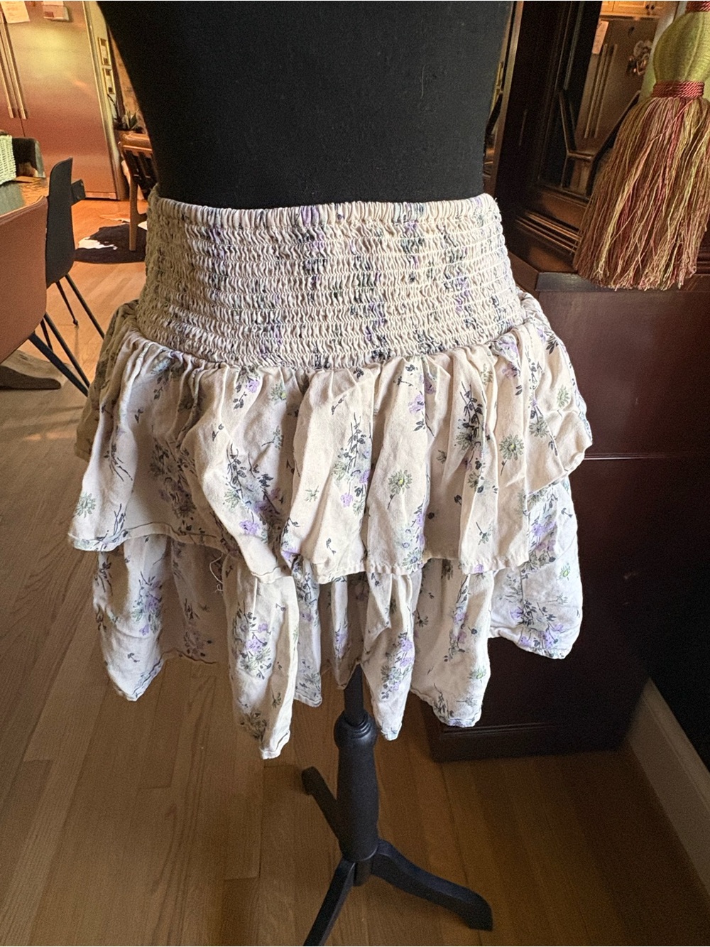 Aerie Boho Floral Ruffle Mini Skirt - Cream with Lavender Floral